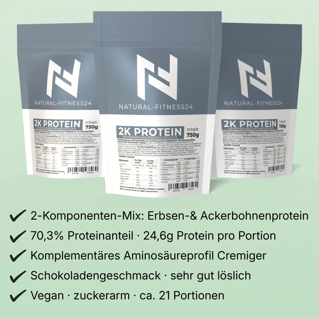 2-Komponentenpulver mit 70,3% Proteinanteil, 24,6g Protein pro Portion, Cremiger Schokoladengeschmack, sehr gut löslich, ohne Soja, vegan, 21 Portionen 750g