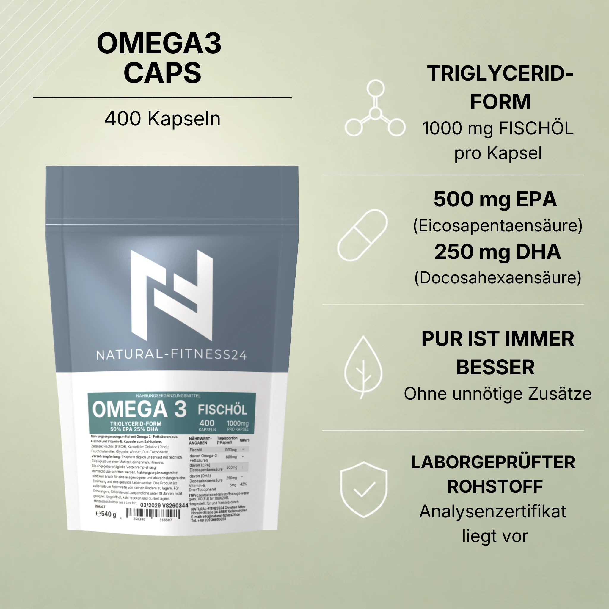 Omega-3 Fischöl 400 Kapseln 1000 mg – 500 EPA / 250 DHA – TG-Form