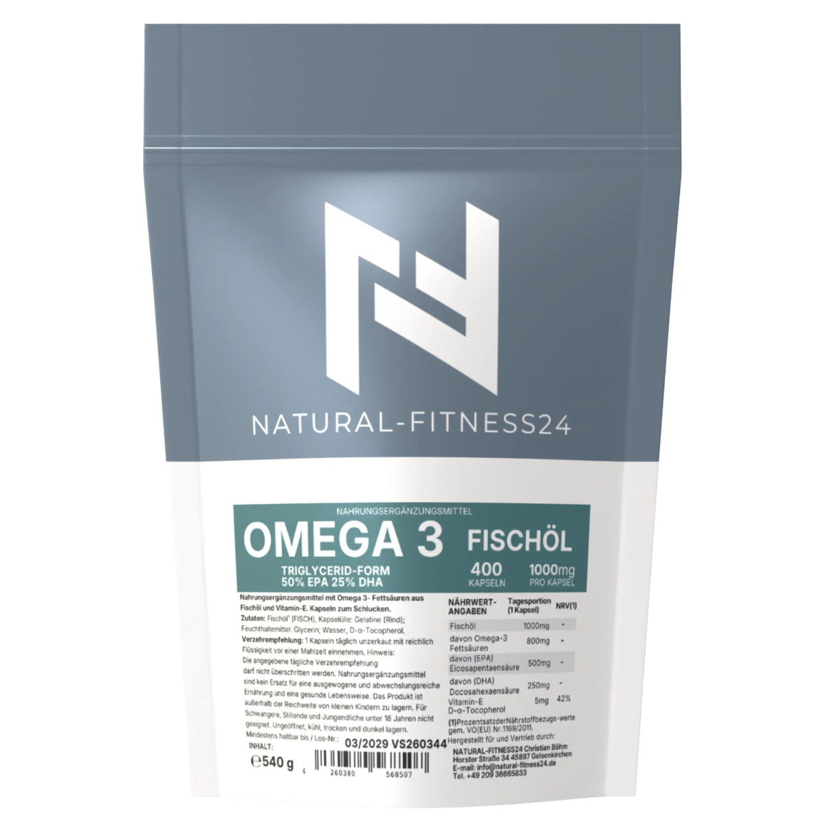 Omega-3 Fischöl 400 Kapseln 1000 mg – 500 EPA / 250 DHA – TG-Form